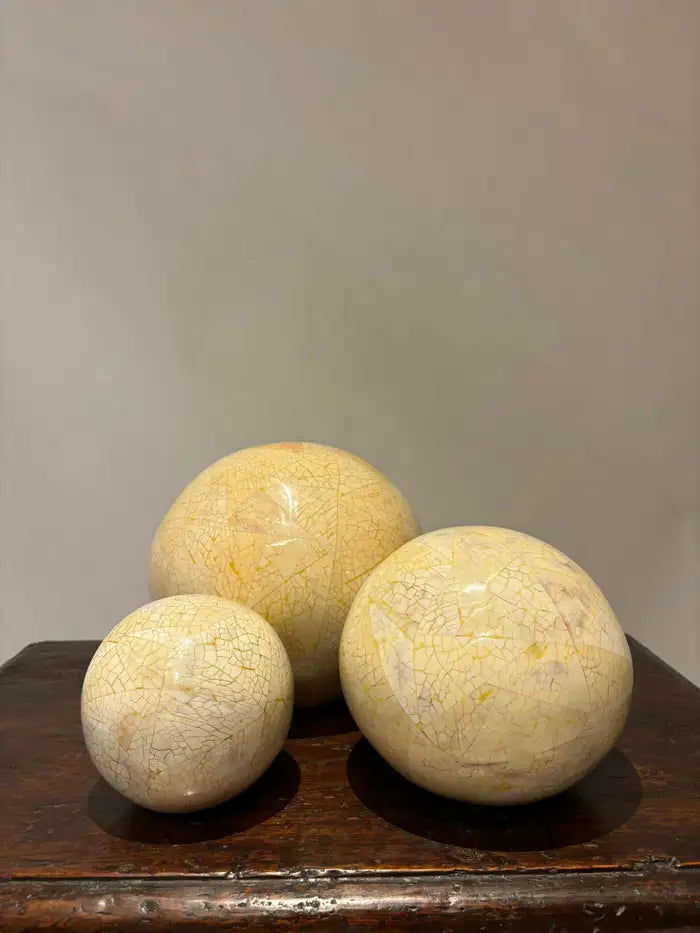 Set of Three Lacquered Tessellated Egg Shell Spheres, Mid 20th Century