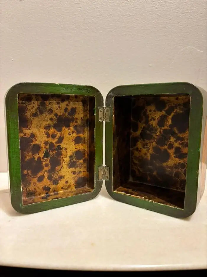 Green and Gold Lacquer Decoupage Turtle Box With Faux Tortoise Shell Interior