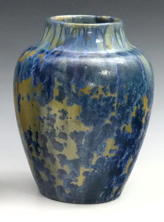 Pierrefonds Art Pottery Vases, Blue Crystalline Glaze on Golden Brown Ground