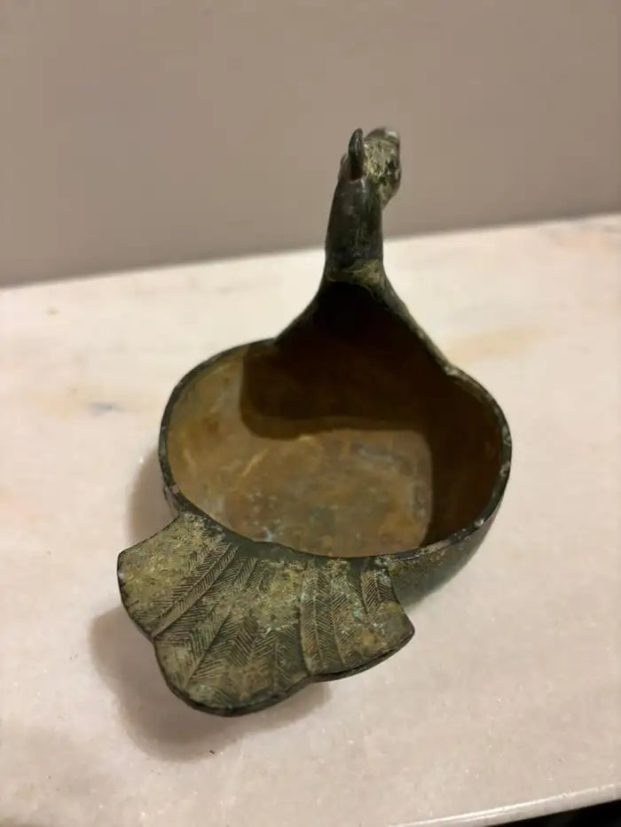 Chinese Archaistic Duck Form Dish with Incised Decoration Verdigis Patina