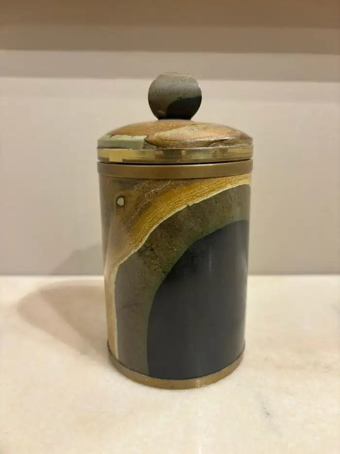 Italian Agate Hard Stone Round Box with Lid and Brass Mounts