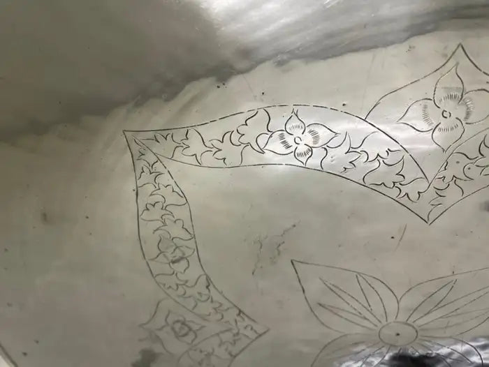 Chinese Export Brass Charger with Fretwork Border and Etched Decoration, Signed