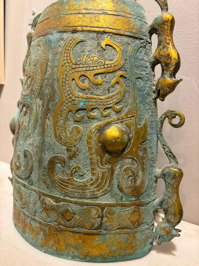 Archaistic Zhou Dynasty Style Gilt Bronze Bell with Verdigris Patina
