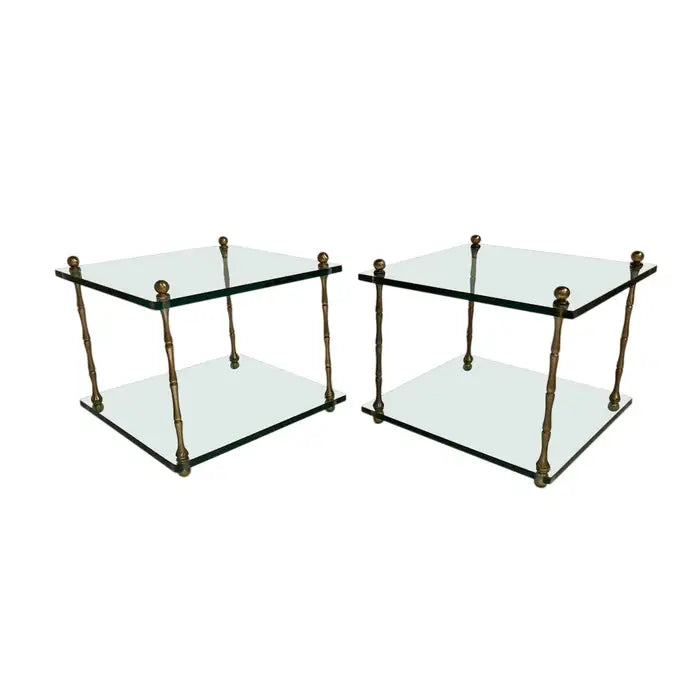Pair of Italian Mid Century Modern Faux Bamboo Glass and Brass Side Tables