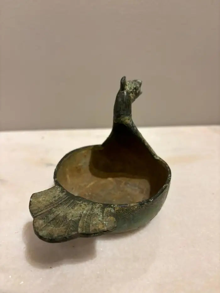 Chinese Archaistic Duck Form Dish with Incised Decoration Verdigis Patina