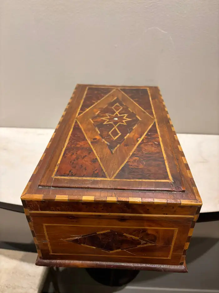 19th Century Burl Wood Box With Fruit Wood and Mother of Pearl Inlay