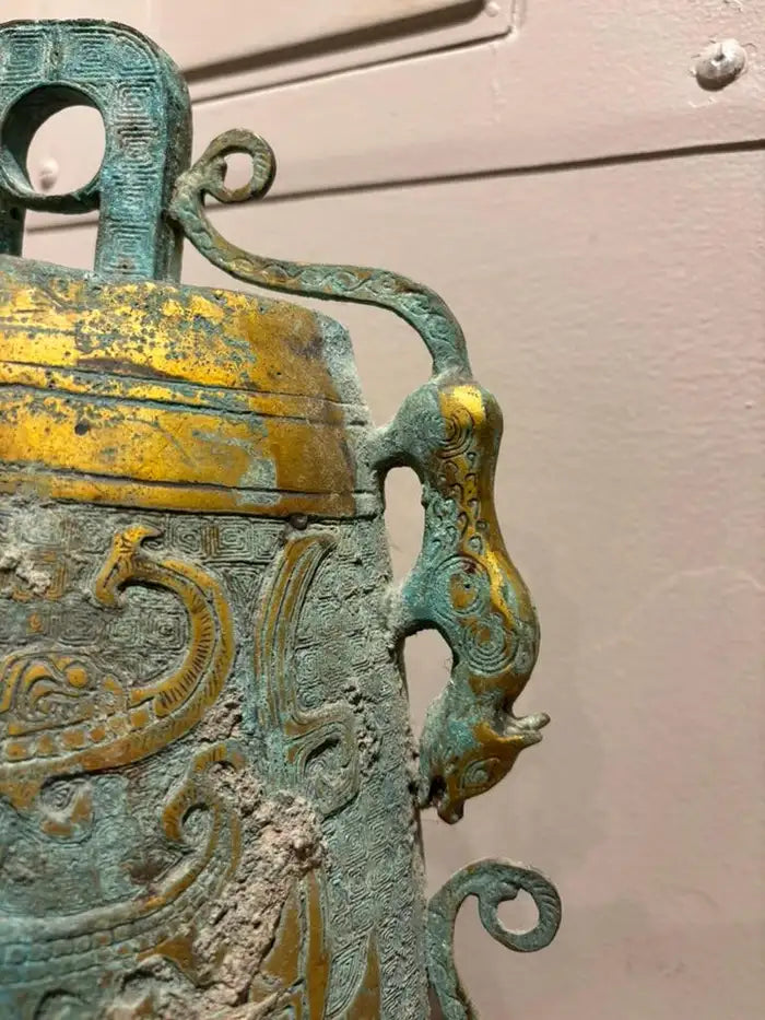 Archaistic Zhou Dynasty Style Gilt Bronze Bell with Verdigris Patina