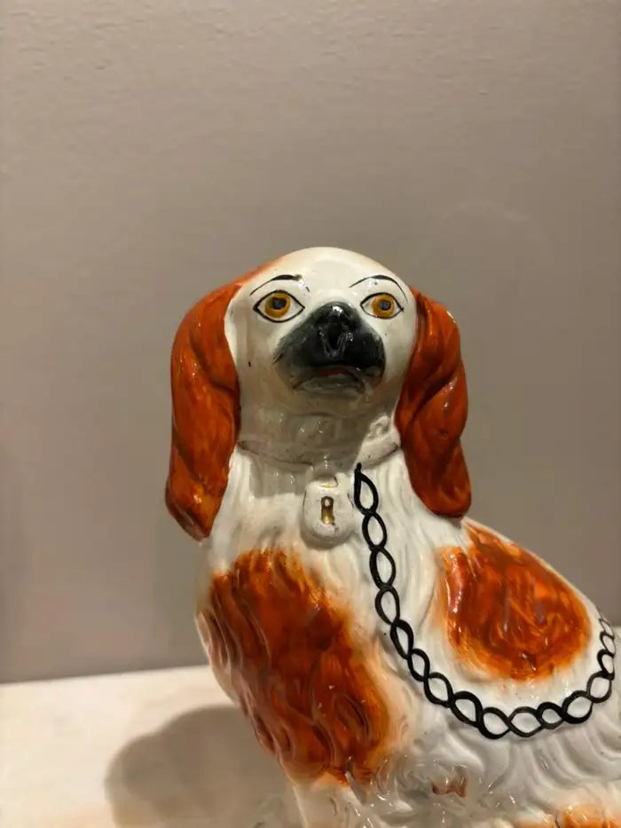 Pair of Antique English Staffordshire Glazed Ceramic Spaniels