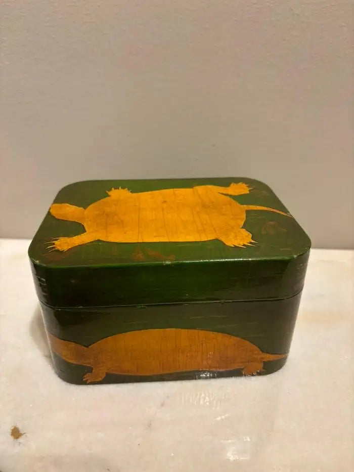 Green and Gold Lacquer Decoupage Turtle Box With Faux Tortoise Shell Interior