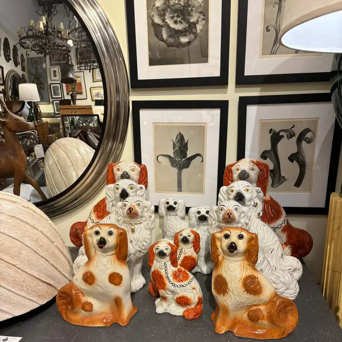 Pair of Antique English Staffordshire Glazed Ceramic Spaniels