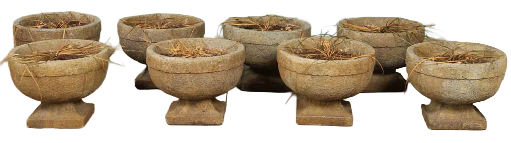 Set of Eight Cast Stone Garden Urns with Bowl Form and Stepped Base