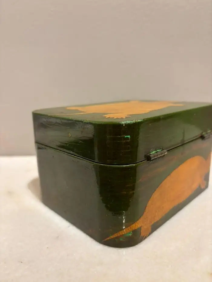 Green and Gold Lacquer Decoupage Turtle Box With Faux Tortoise Shell Interior