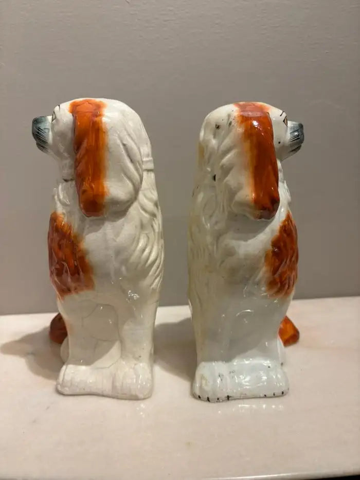 Pair of Antique English Staffordshire Glazed Ceramic Spaniels