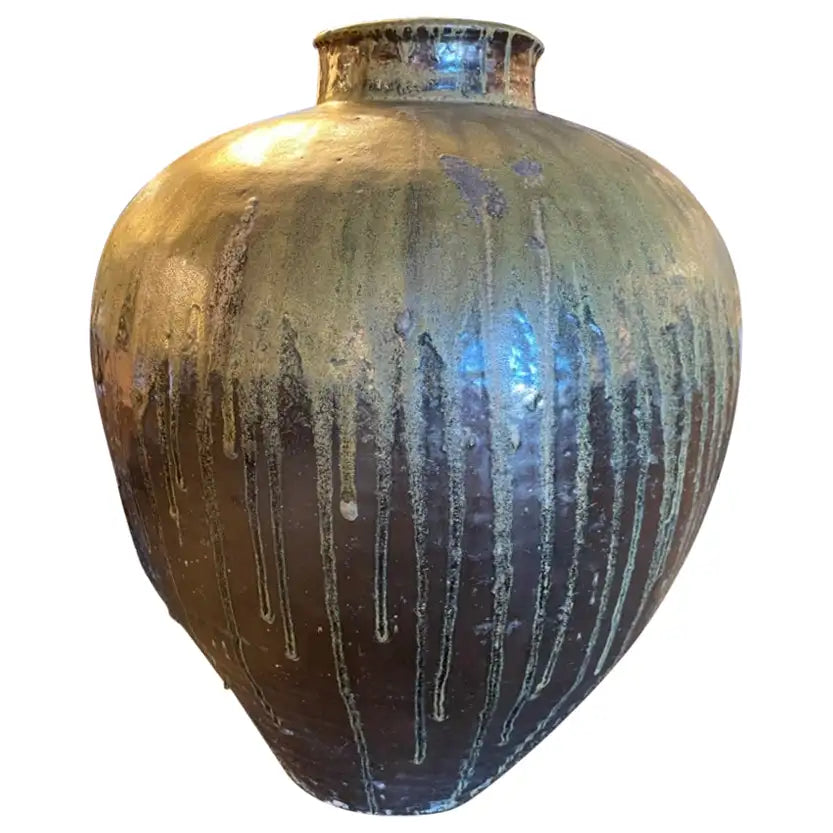 19th Century Japanese Green Glazed Ceramic Storage Jar, Large Scale