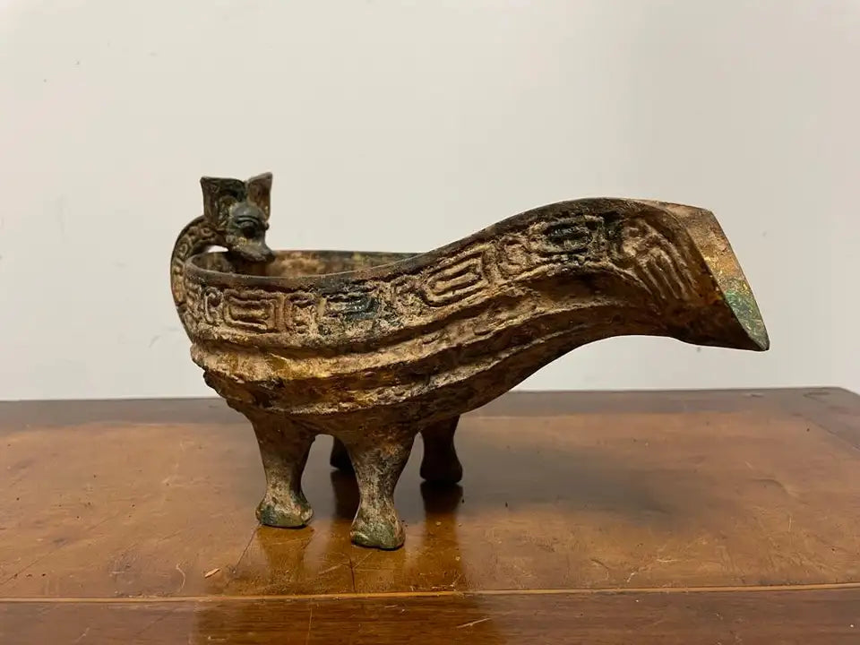 Chinese Archaic Style Gilt Bronze and Verdigris Vessel