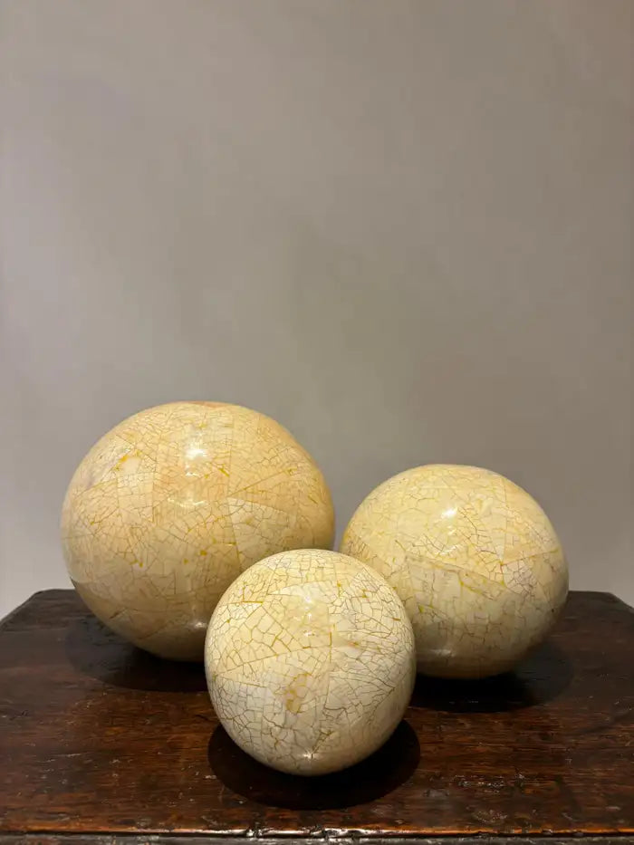 Set of Three Lacquered Tessellated Egg Shell Spheres, Mid 20th Century