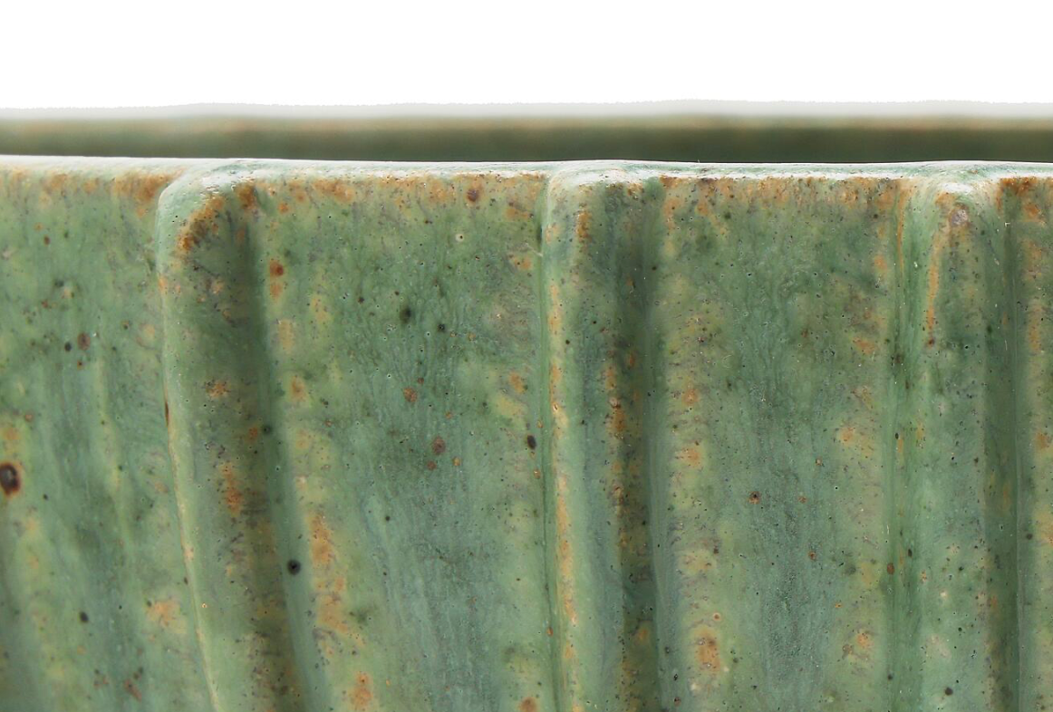 Arne Bang Circular Stoneware Bowl with Vertical Fluted Relief Decor, Green Glaze, Signed Monogram 189
