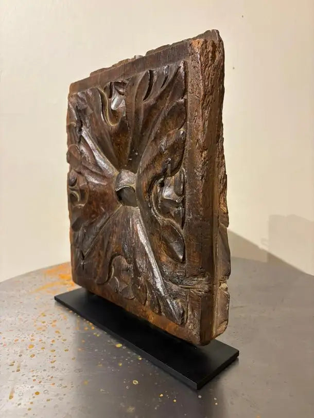 17th Century Spanish Carved Walnut Door Panel on Baroque, Hand-Carved, Steel Base