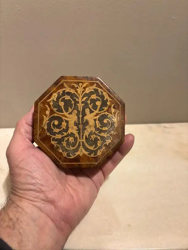 Italian Renaissance Style Octagonal Burl Wood Box With Fruit Wood Inlay