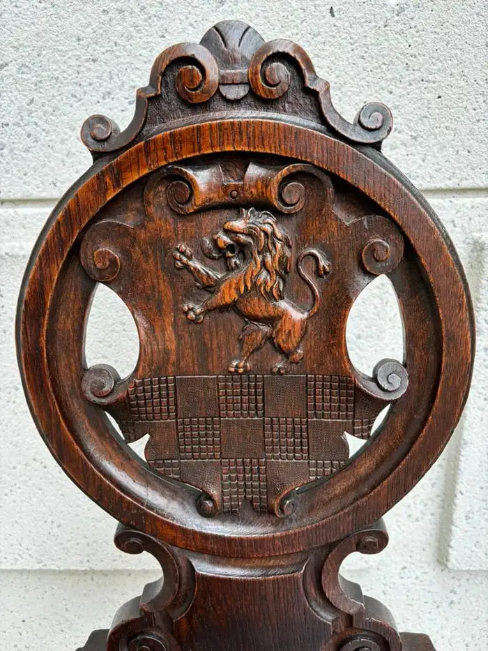 Pair 18th Century Italian Chestnut Hall Chairs Carved With Lion Crests