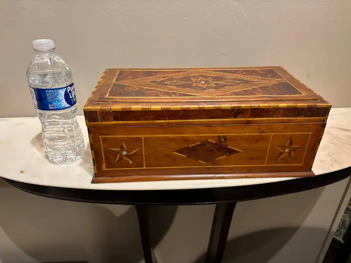 19th Century Burl Wood Box With Fruit Wood and Mother of Pearl Inlay
