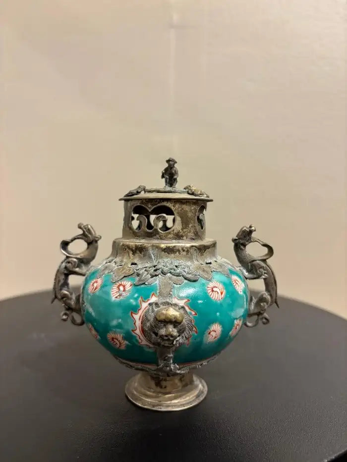 Chinese Qing Glazed Ceramic with Metal Mounts, Monkey, Frogs, Phoenix, Dragons