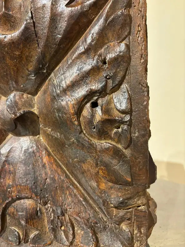 17th Century Spanish Carved Walnut Door Panel on Baroque, Hand-Carved, Steel Base