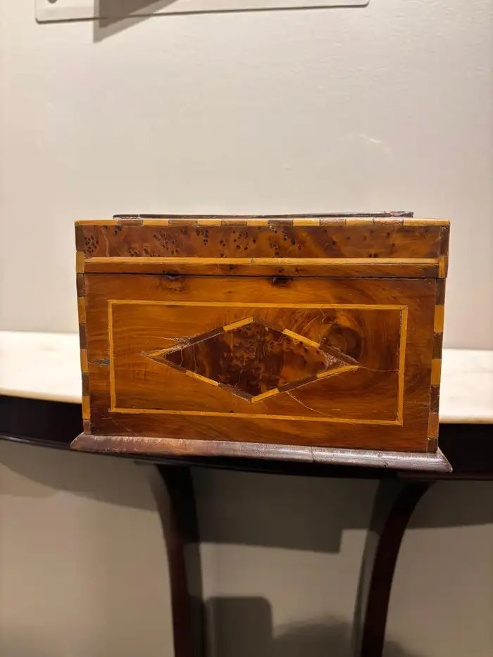 19th Century Burl Wood Box With Fruit Wood and Mother of Pearl Inlay