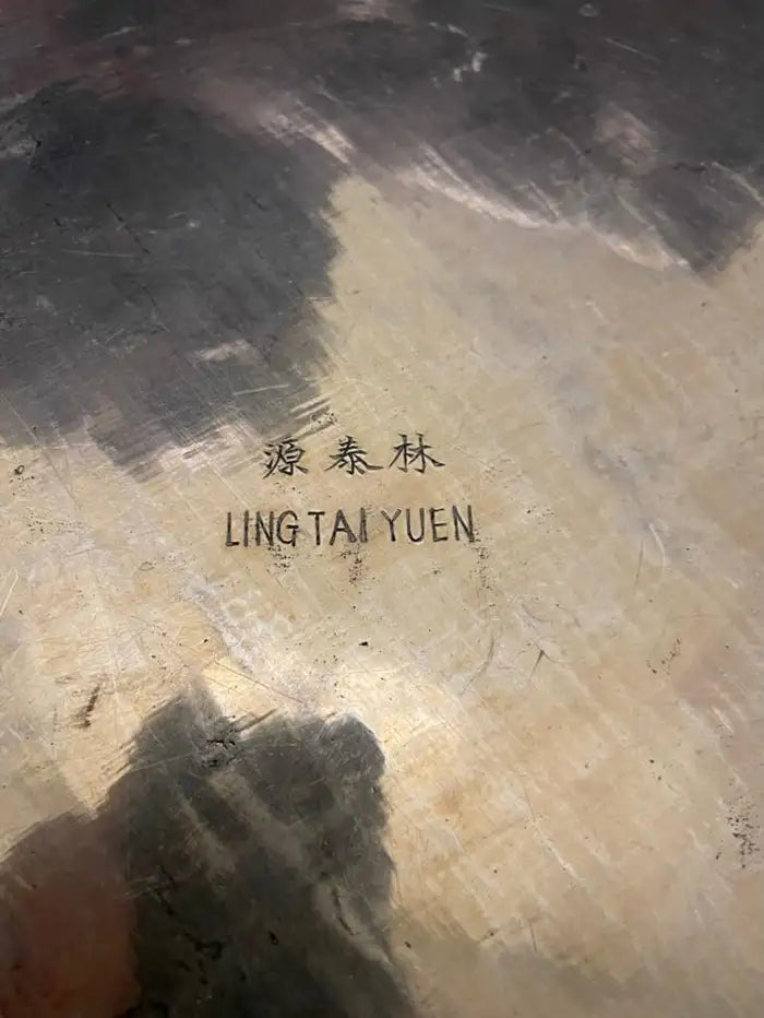 Chinese Export Brass Charger with Fretwork Border and Etched Decoration, Signed