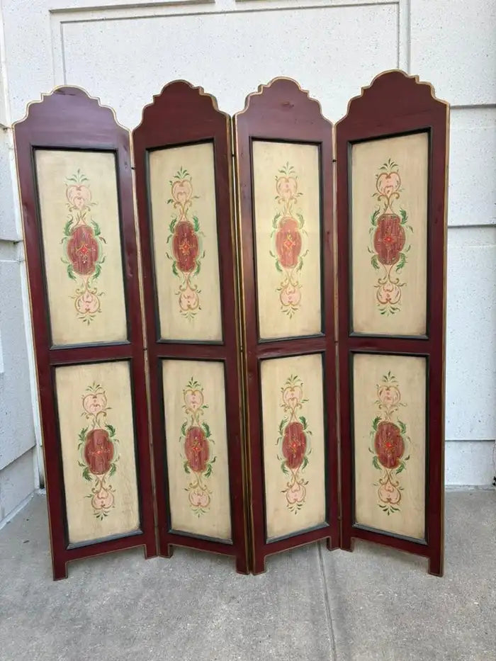 Italian Painted Four Panel Wood Screen Room Divider With Floral Decoration