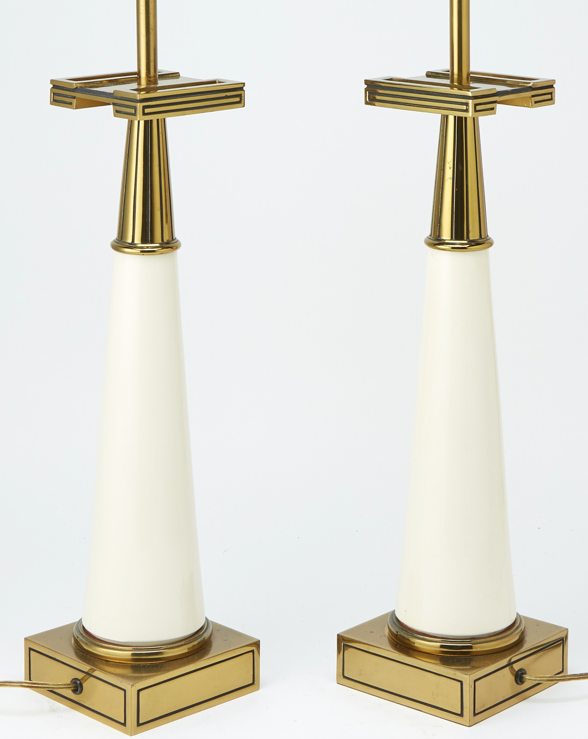 Pair of Tommi Parzinger Attributed Glass and Brass Table Lamps,