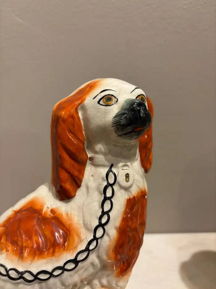 Pair of Antique English Staffordshire Glazed Ceramic Spaniels