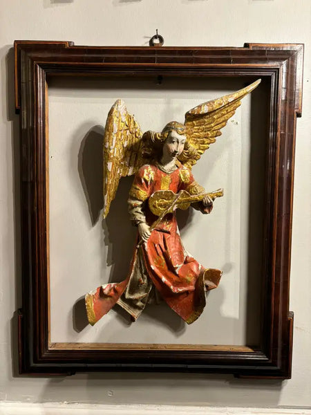 Italian Baroque Painted and Gilt Wood Winged Angel Playing a