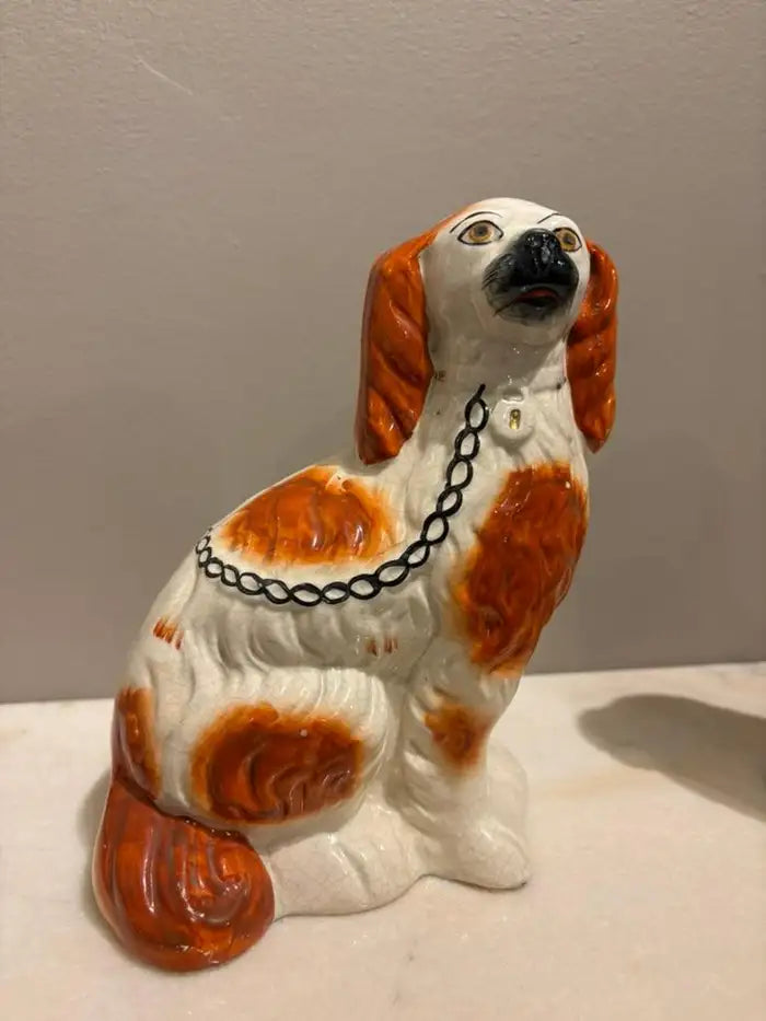 Pair of Antique English Staffordshire Glazed Ceramic Spaniels