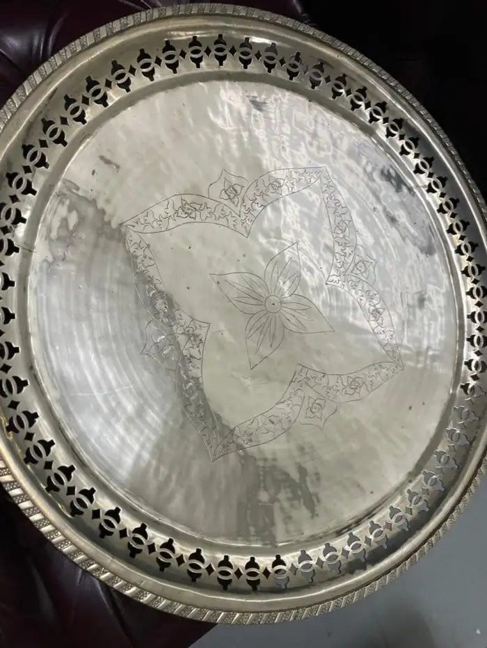 Chinese Export Brass Charger with Fretwork Border and Etched Decoration, Signed