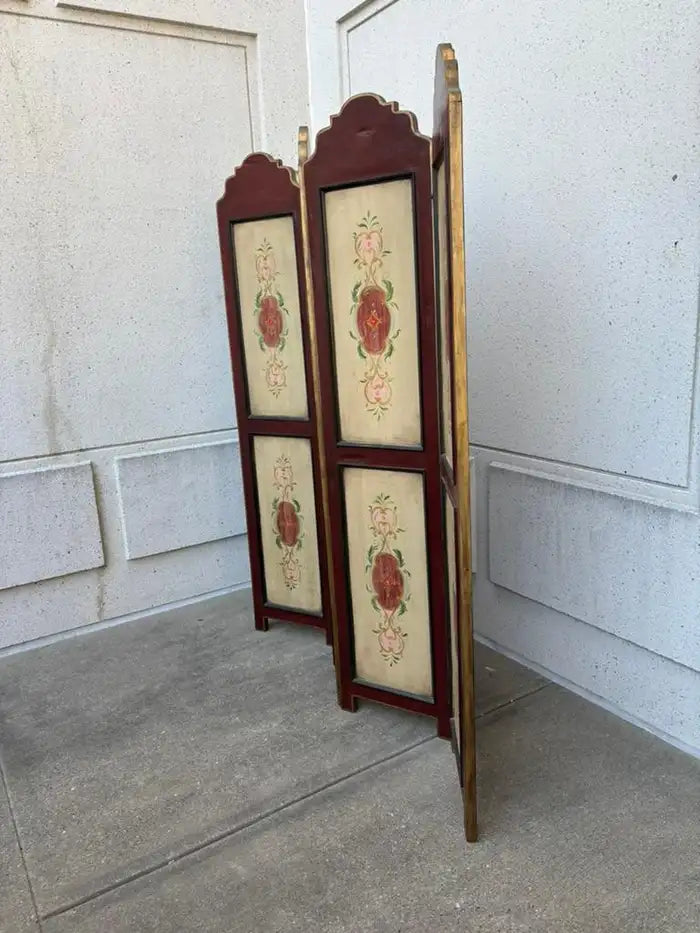 Italian Painted Four Panel Wood Screen Room Divider With Floral Decoration