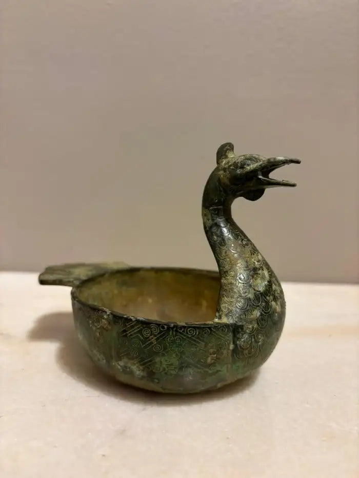 Chinese Archaistic Duck Form Dish with Incised Decoration Verdigis Patina