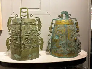 Chinese Archaistic Bronze Ritual Bell, Zhou Dynasty Style having Great Verdigris Patina