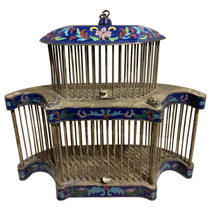 Chinese Cloisonne Enamel Cricket Cage with Dragon Heads, Circa 1900