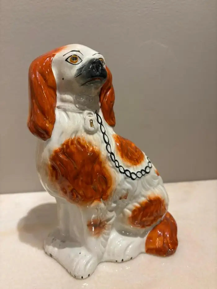 Pair of Antique English Staffordshire Glazed Ceramic Spaniels