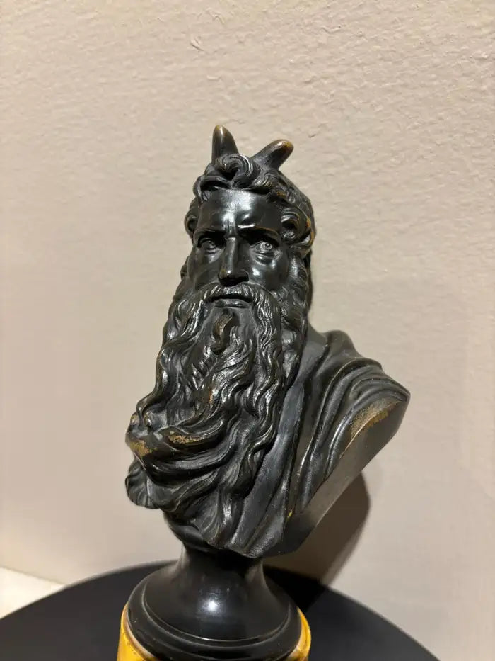 Signed Bronze Bust of Moses on a Sienna Marble Base, After Michelangelo