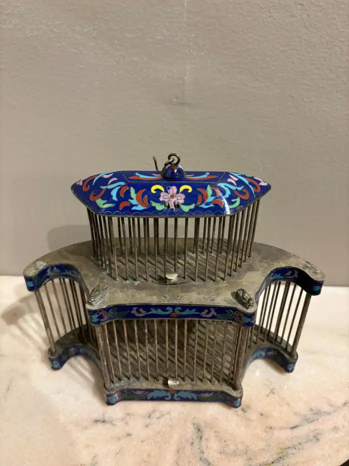 Chinese Cloisonne Enamel Cricket Cage with Dragon Heads, Circa 1900