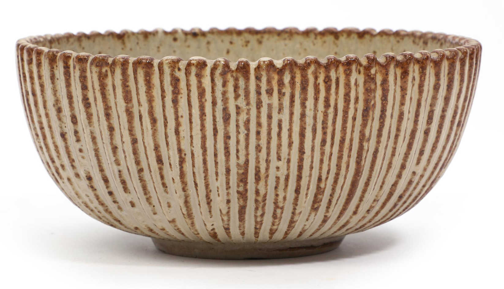 Arne Bang Round Stoneware Bowl with Vertical Incised Relief Decor