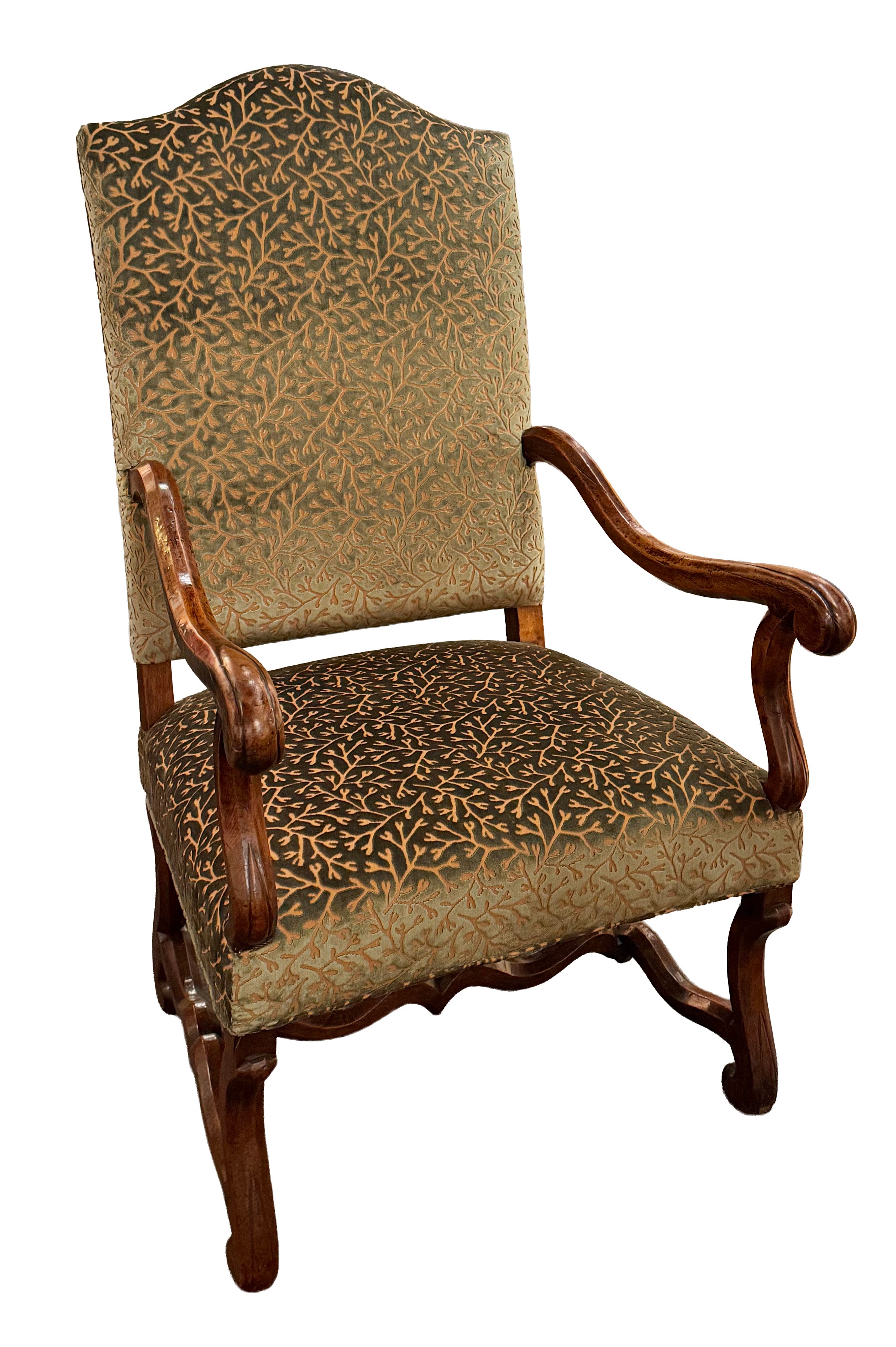 A Sculpted Walnut Louis XIII Bergere with Cut Velvet Upholstery
