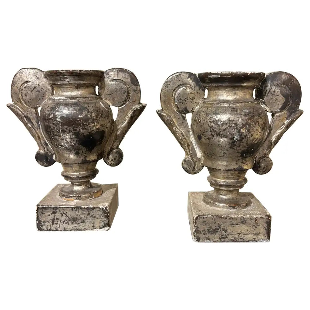 Pair 18th Italian Century Carved Silver Gilt Two Handled Urns