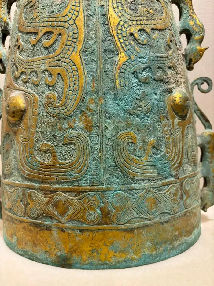 Archaistic Zhou Dynasty Style Gilt Bronze Bell with Verdigris Patina