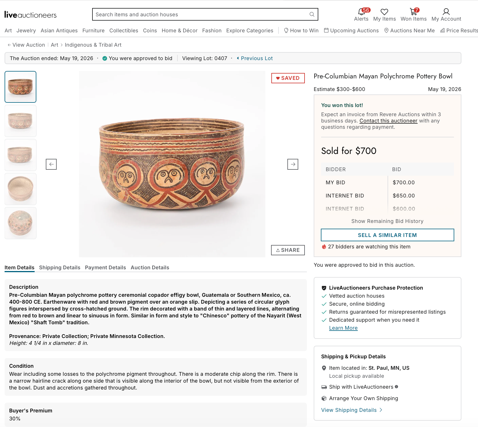 Pre-Columbian Mayan Polychrome Pottery Bowl