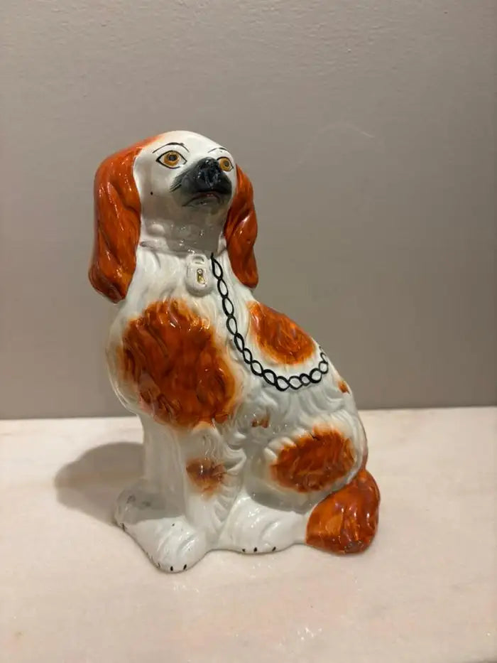 Pair of Antique English Staffordshire Glazed Ceramic Spaniels