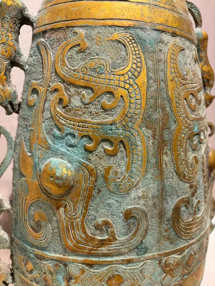 Archaistic Zhou Dynasty Style Gilt Bronze Bell with Verdigris Patina