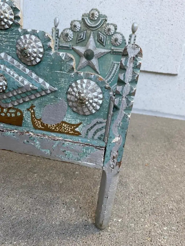 Tramp Art Folk Art Dog Bed With Silver And Blue Paint